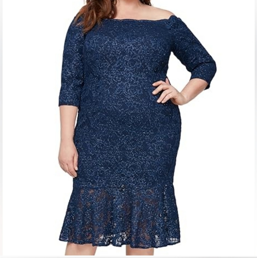 NWOT Alex Evenings Metallic Off The Shoulder Fit and Flare Midi Dress Size 18